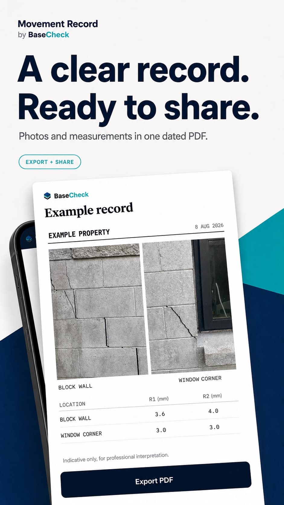 An example Movement Record PDF with dated crack photographs and measurements