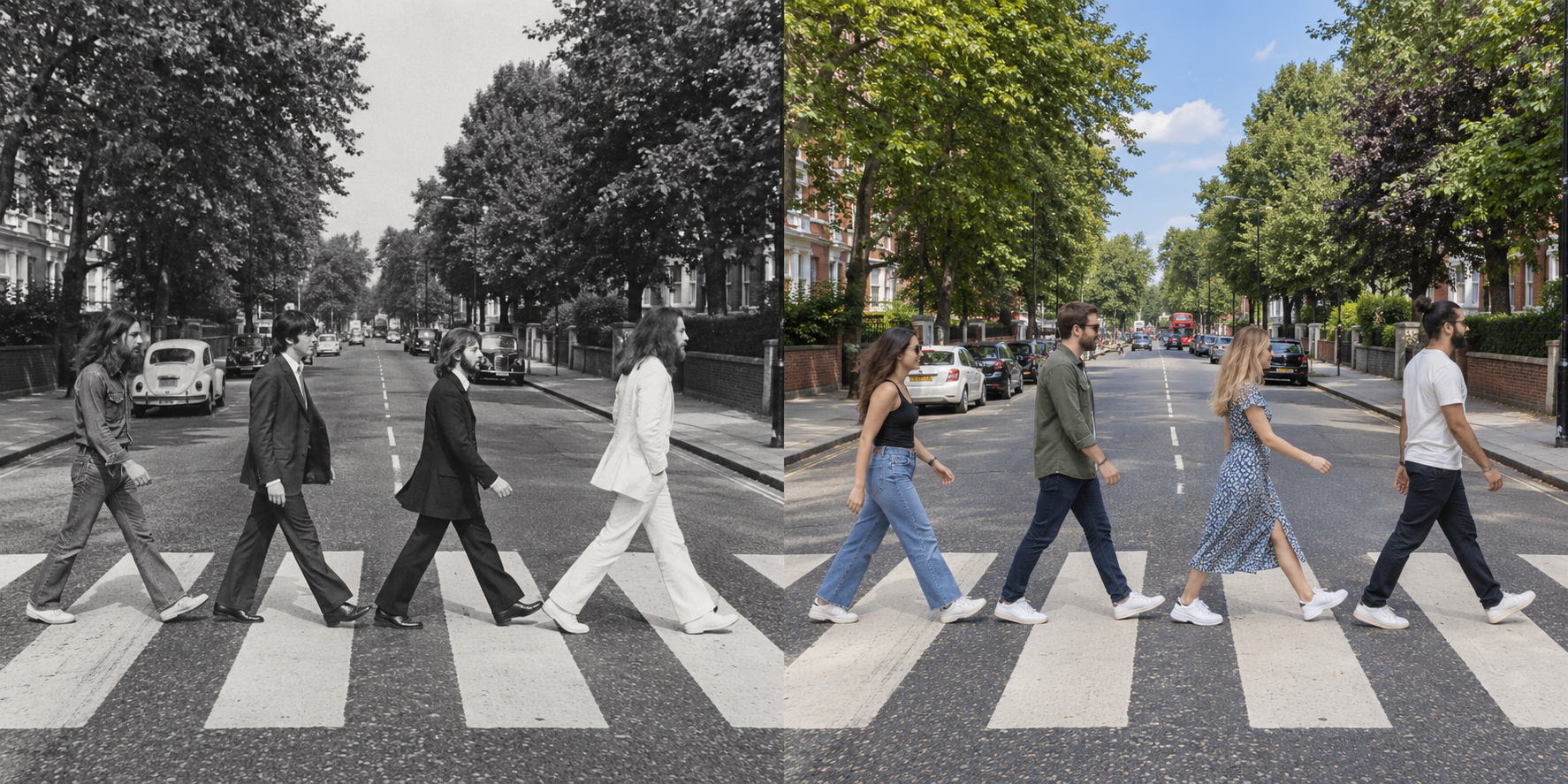 Abbey Road-inspired comparison: four men crossing in a black-and-white 1960s-style scene, then four modern friends recreating the walk in colour
