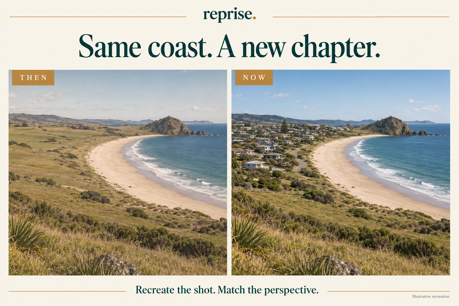 Illustrative Reprise comparison of the same beach from a matched viewpoint, with undeveloped coastal land then and houses built behind the beach now