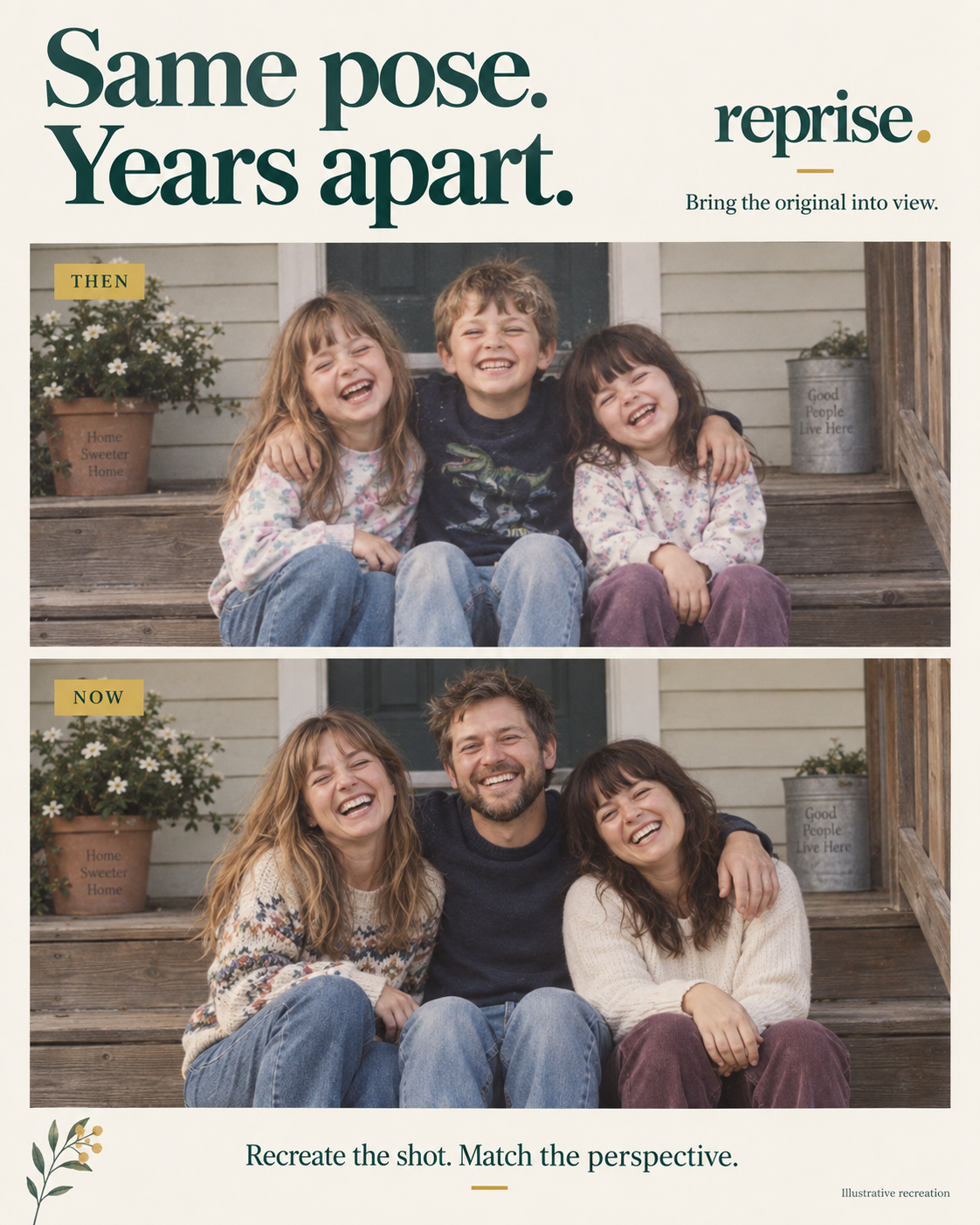 Reprise illustrative campaign showing three siblings recreating a childhood porch photo as adults