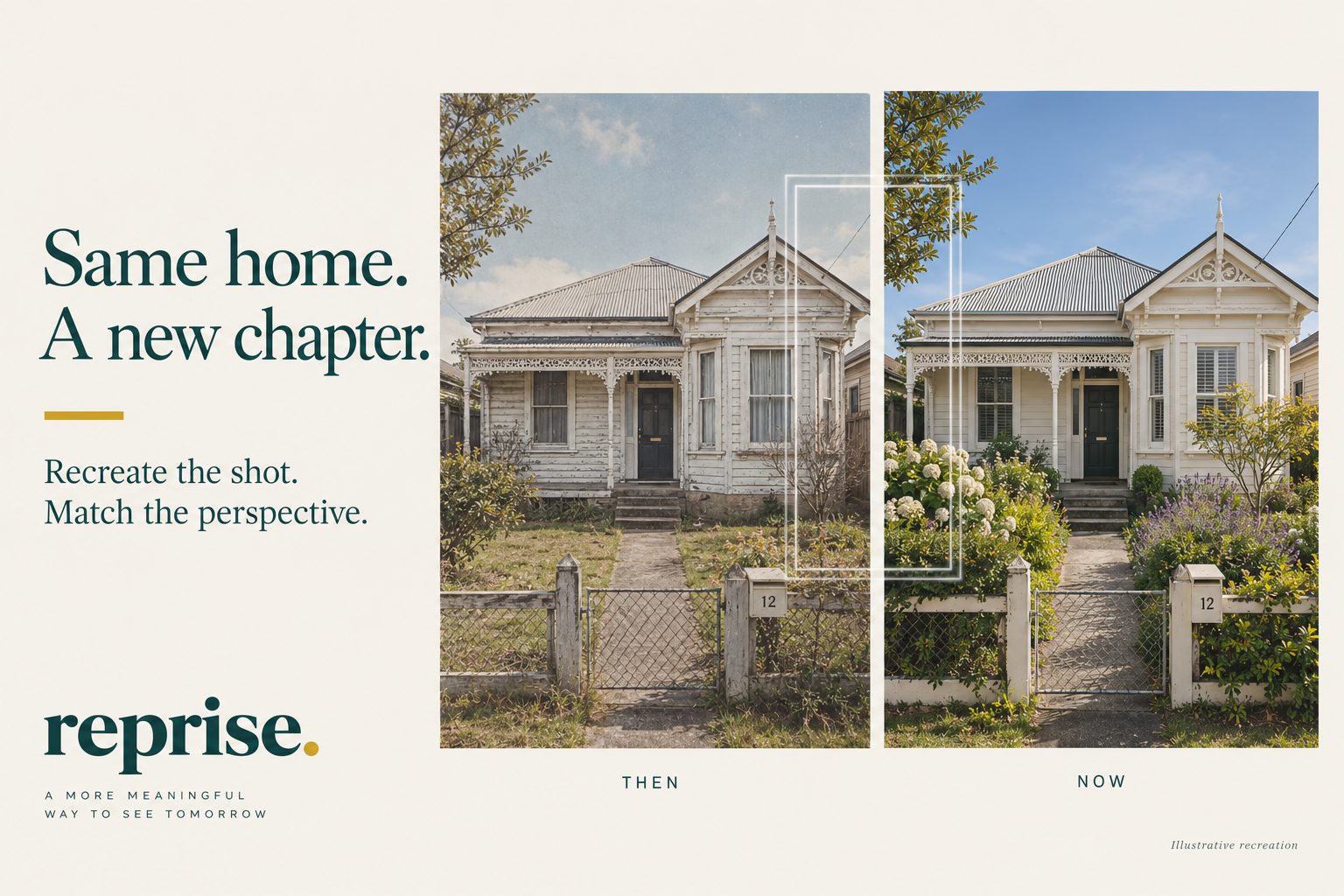Reprise illustrative campaign showing an old house and its renovated exterior from a similar viewpoint