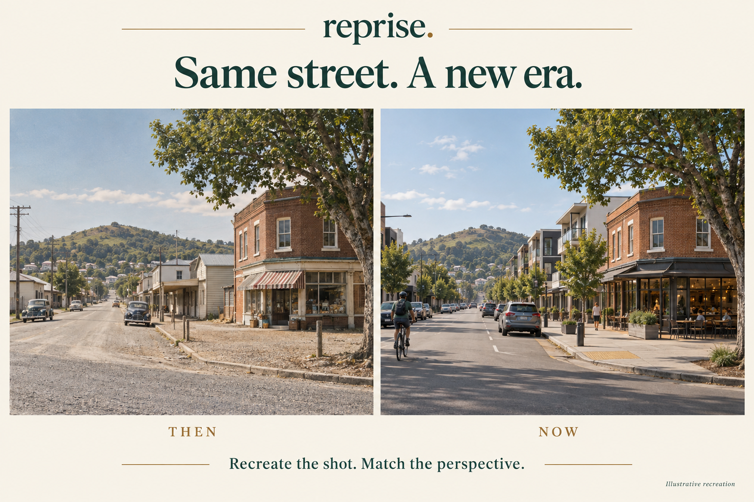 Illustrative Reprise comparison of the same town street decades apart, with a brick corner shop and hill anchoring the old and modern views